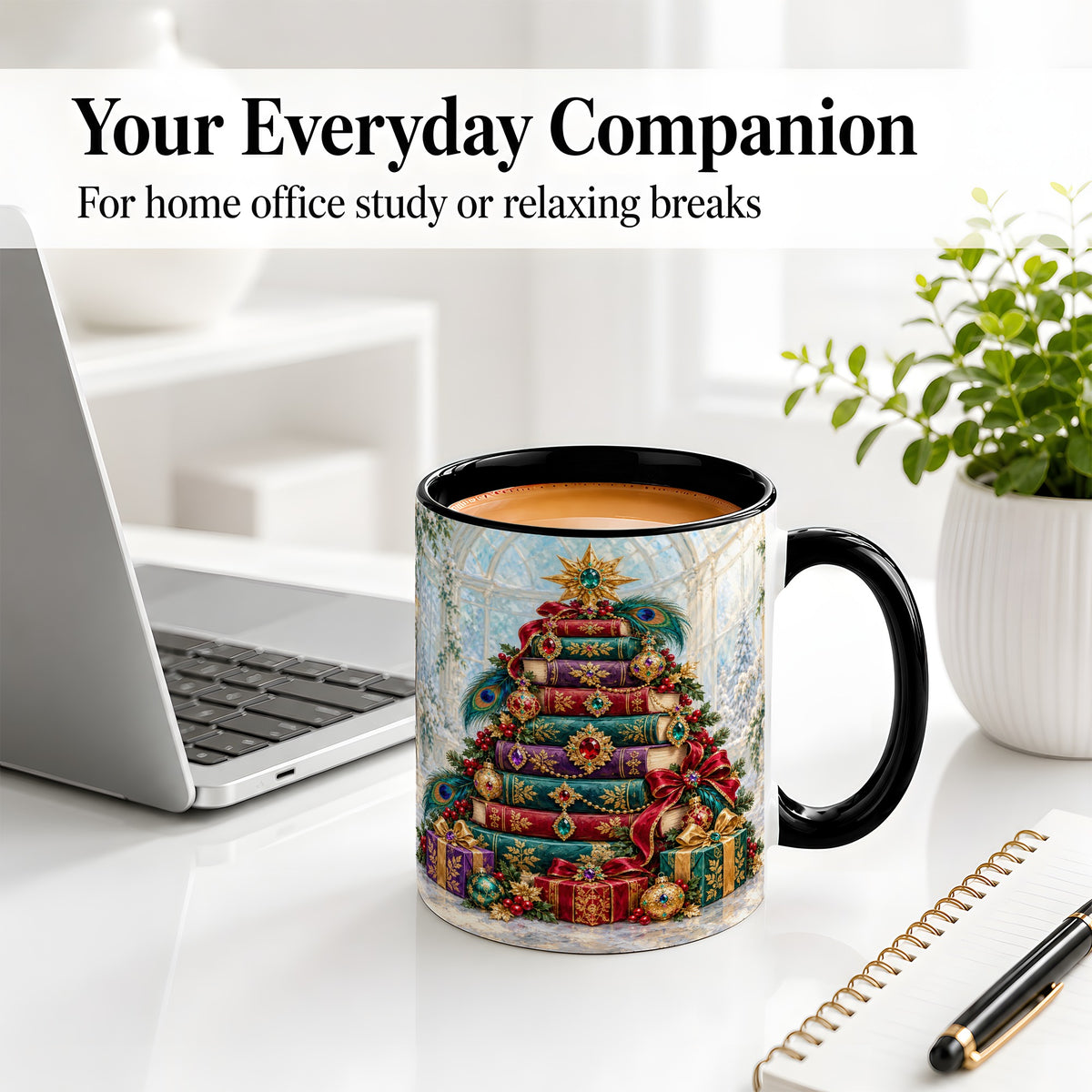 #pl[11oz|Black] Jeweled Christmas Book Tree Accent Ceramic Mug, Oil Painting Style