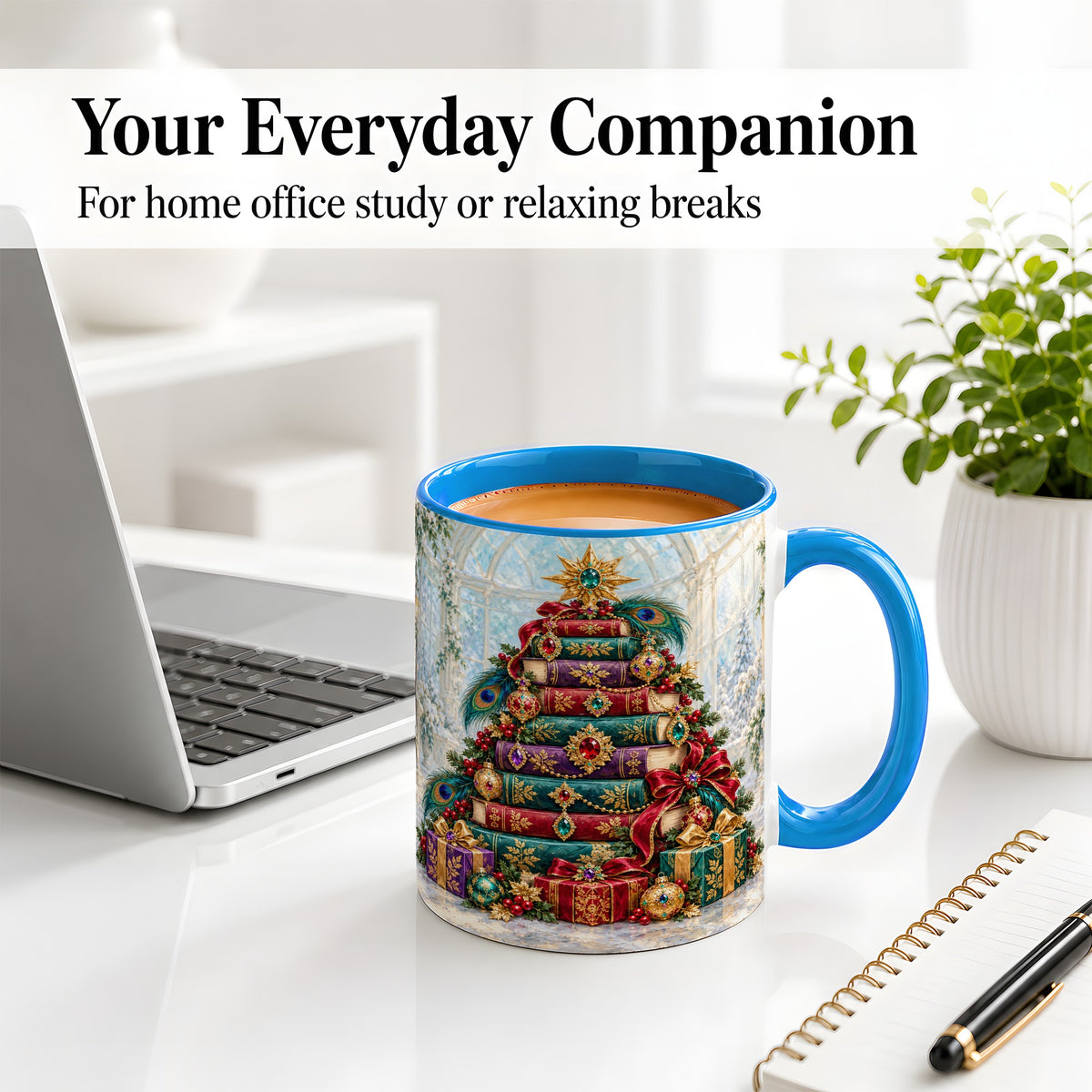 #pl[11oz|Blue] Jeweled Christmas Book Tree Accent Ceramic Mug, Oil Painting Style