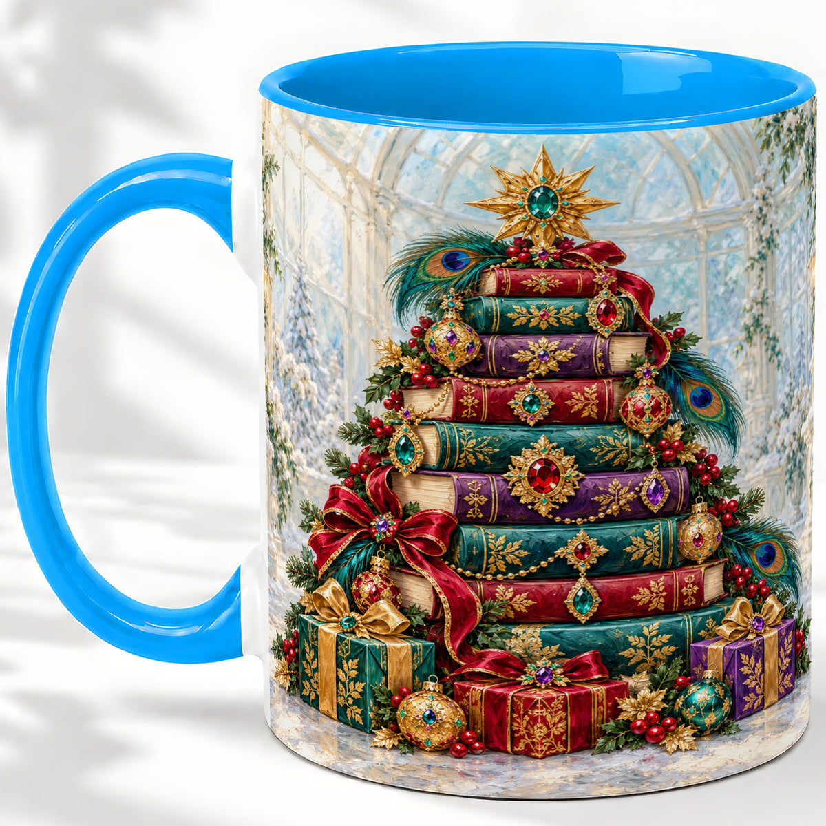 #pl[11oz|Blue] Jeweled Christmas Book Tree Accent Ceramic Mug, Oil Painting Style