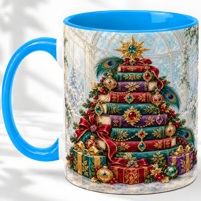 #pl[11oz|Blue] Jeweled Christmas Book Tree Accent Ceramic Mug, Oil Painting Style
