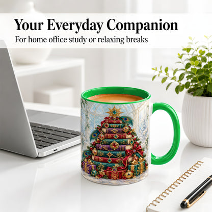 #pl[11oz|Green] Jeweled Christmas Book Tree Accent Ceramic Mug, Oil Painting Style