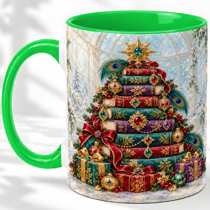 #pl[11oz|Green] Jeweled Christmas Book Tree Accent Ceramic Mug, Oil Painting Style