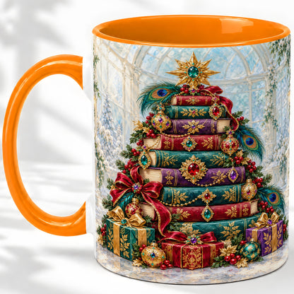 #pl[11oz|Orange] Jeweled Christmas Book Tree Accent Ceramic Mug, Oil Painting Style