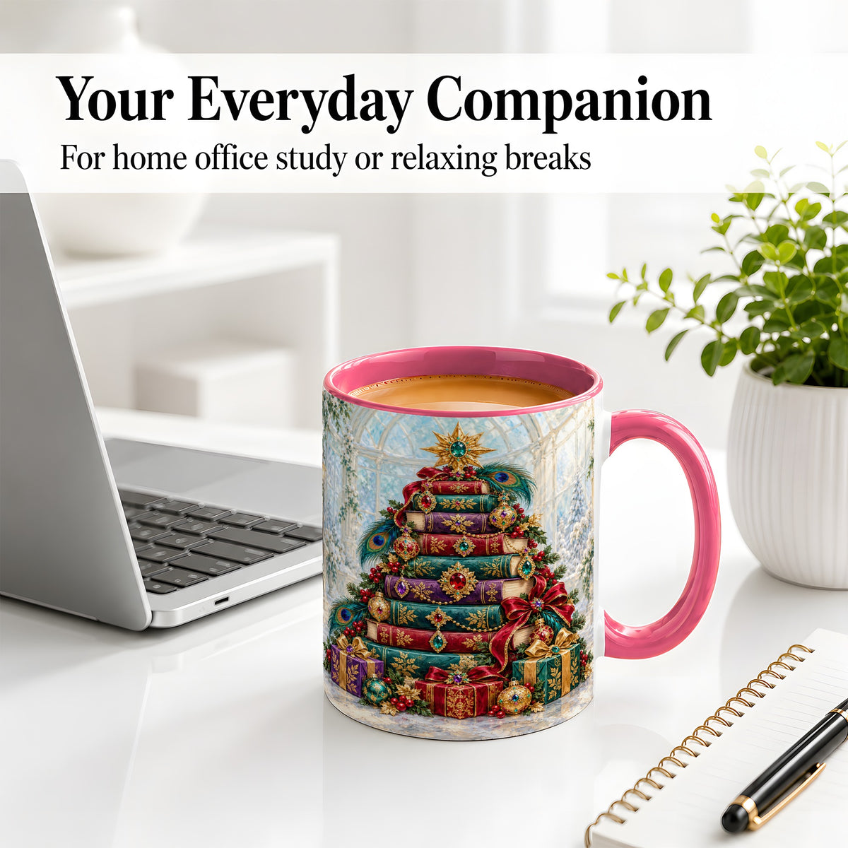 #pl[11oz|Pink] Jeweled Christmas Book Tree Accent Ceramic Mug, Oil Painting Style