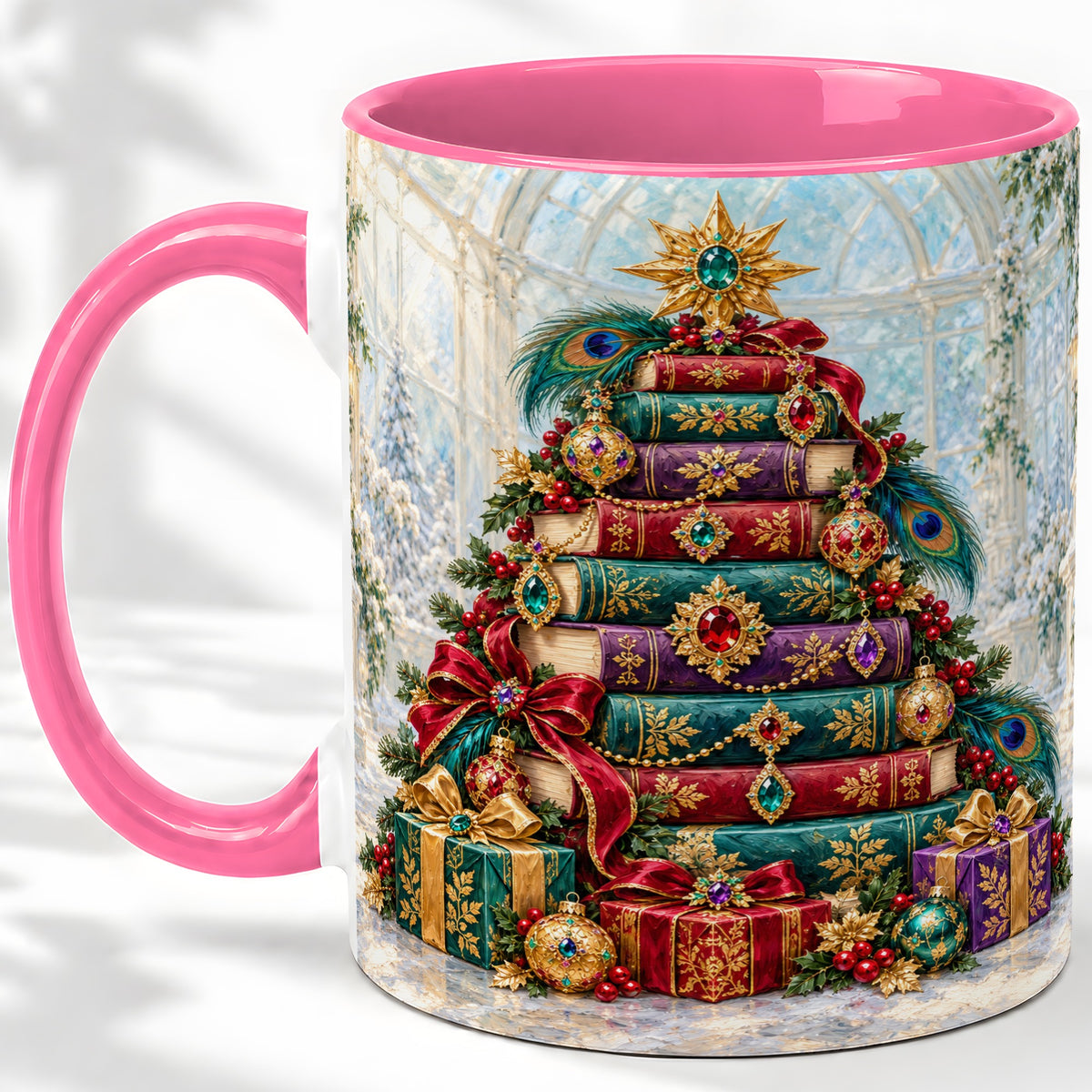 #pl[11oz|Pink] Jeweled Christmas Book Tree Accent Ceramic Mug, Oil Painting Style