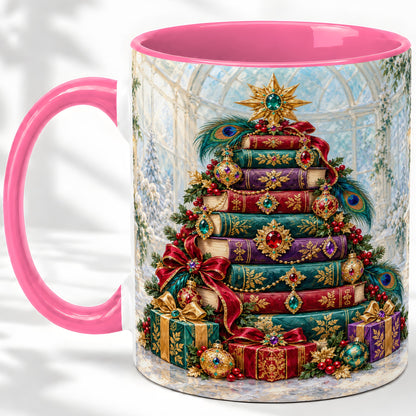 #pl[11oz|Pink] Jeweled Christmas Book Tree Accent Ceramic Mug, Oil Painting Style
