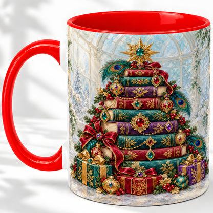 Jeweled Christmas Book Tree Accent Ceramic Mug, Oil Painting Style