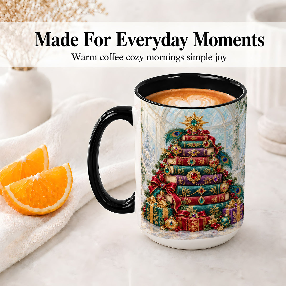 #pl[15oz|Black] Jeweled Christmas Book Tree Accent Ceramic Mug, Oil Painting Style