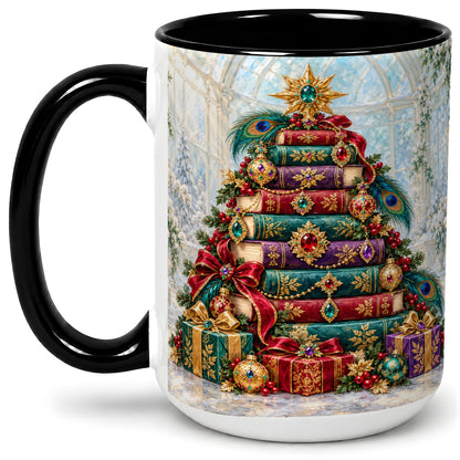 #pl[15oz|Black] Jeweled Christmas Book Tree Accent Ceramic Mug, Oil Painting Style