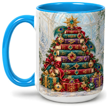 #pl[15oz|Blue] Jeweled Christmas Book Tree Accent Ceramic Mug, Oil Painting Style