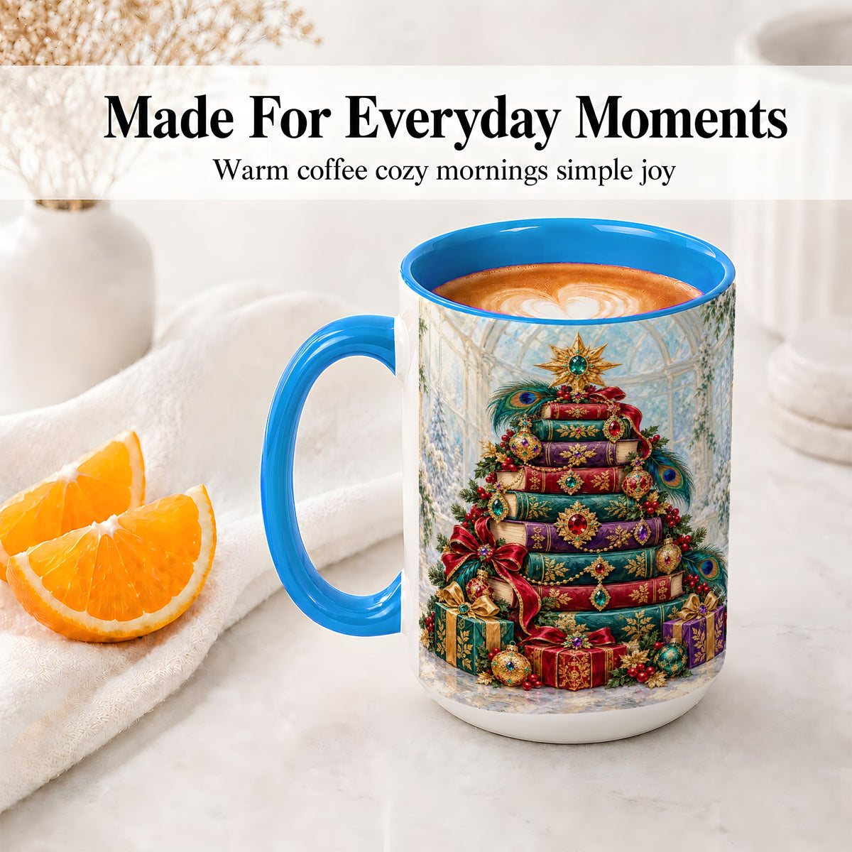#pl[15oz|Blue] Jeweled Christmas Book Tree Accent Ceramic Mug, Oil Painting Style