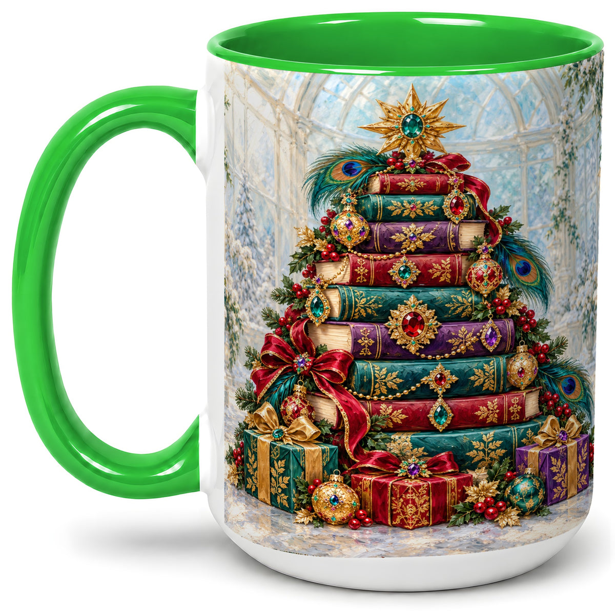 #pl[15oz|Green] Jeweled Christmas Book Tree Accent Ceramic Mug, Oil Painting Style