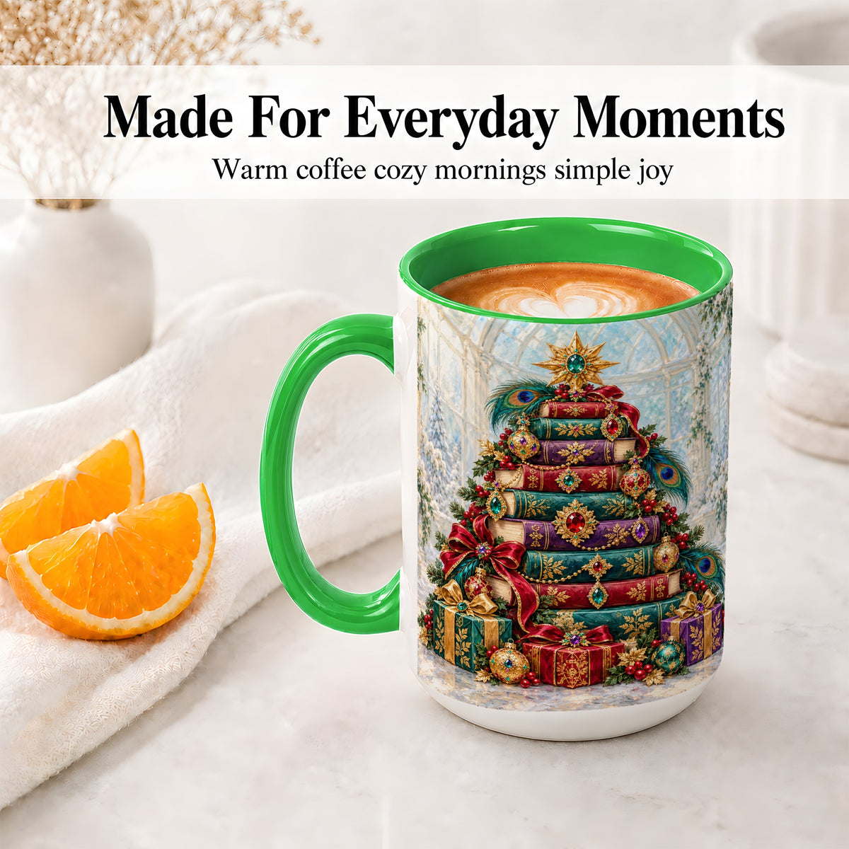 #pl[15oz|Green] Jeweled Christmas Book Tree Accent Ceramic Mug, Oil Painting Style