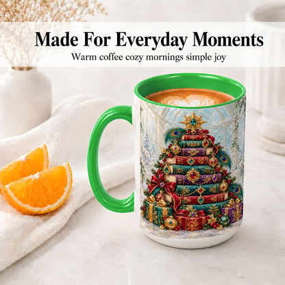 #pl[15oz|Green] Jeweled Christmas Book Tree Accent Ceramic Mug, Oil Painting Style