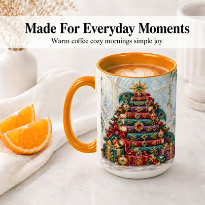 #pl[15oz|Orange] Jeweled Christmas Book Tree Accent Ceramic Mug, Oil Painting Style