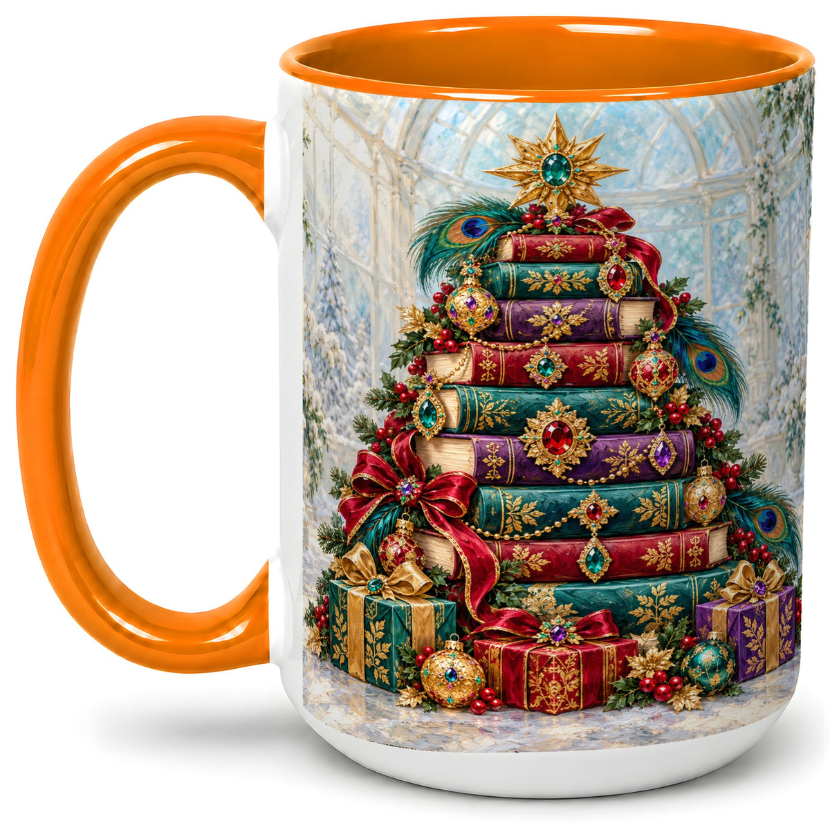 #pl[15oz|Orange] Jeweled Christmas Book Tree Accent Ceramic Mug, Oil Painting Style