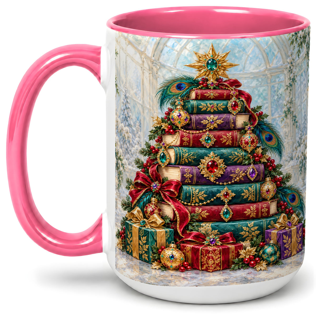 #pl[15oz|Pink] Jeweled Christmas Book Tree Accent Ceramic Mug, Oil Painting Style