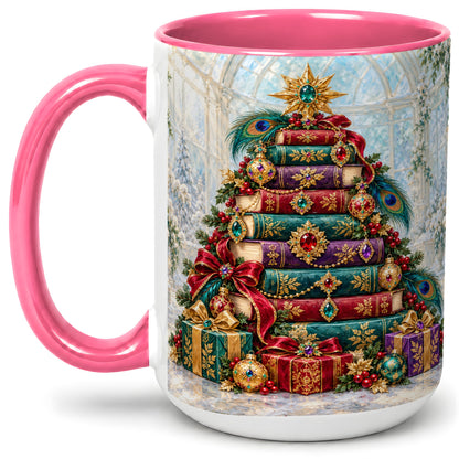 #pl[15oz|Pink] Jeweled Christmas Book Tree Accent Ceramic Mug, Oil Painting Style