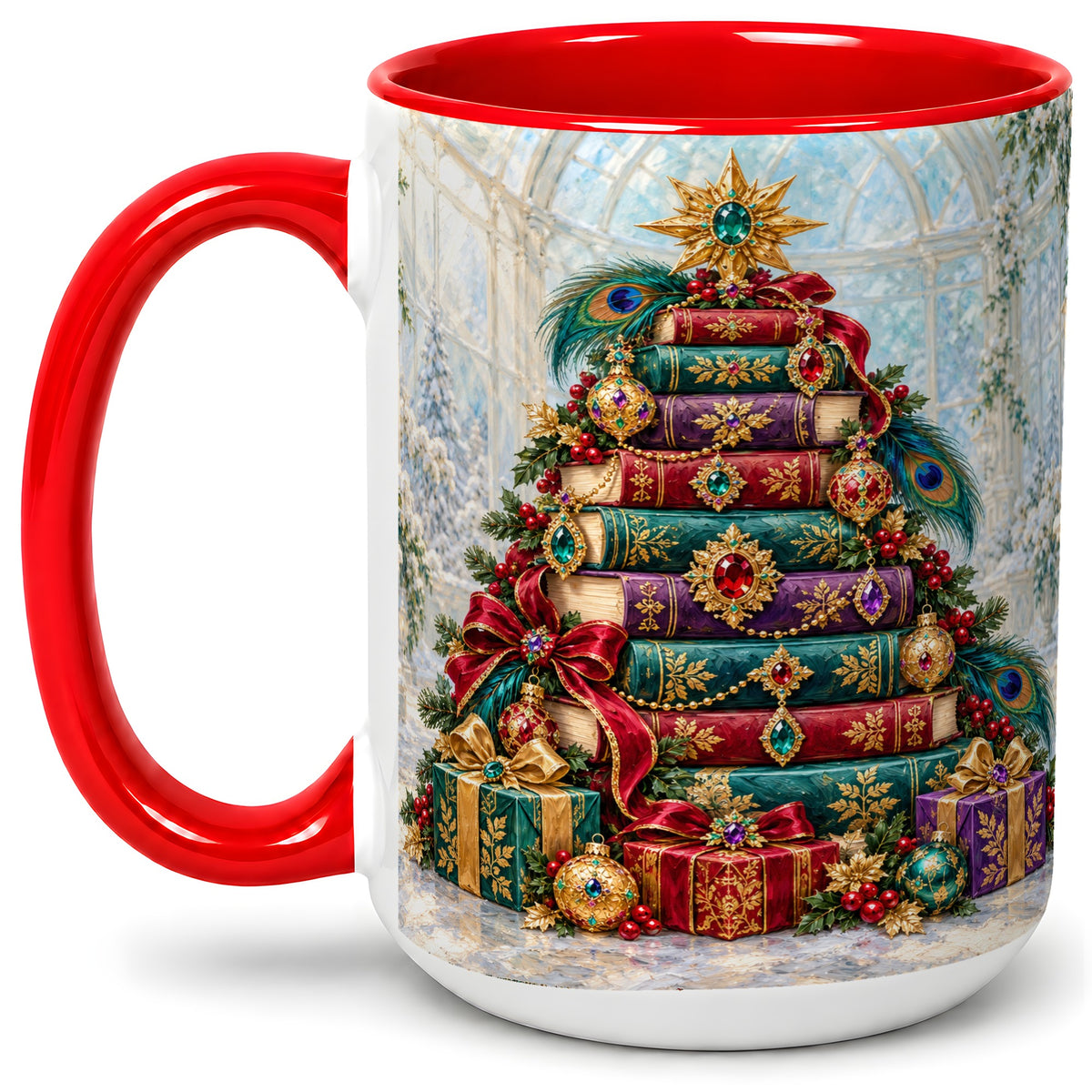 #pl[15oz|Red] Jeweled Christmas Book Tree Accent Ceramic Mug, Oil Painting Style