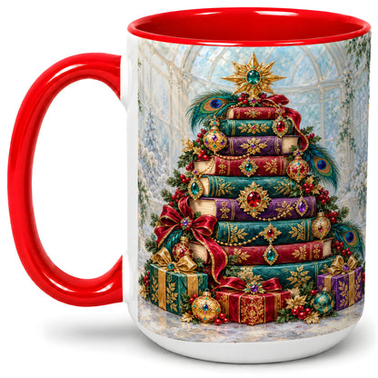 #pl[15oz|Red] Jeweled Christmas Book Tree Accent Ceramic Mug, Oil Painting Style
