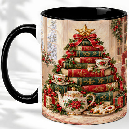 #pl[11oz|Black] Christmas Book Tree Tea Accent Ceramic Mug, Oil Painting Style