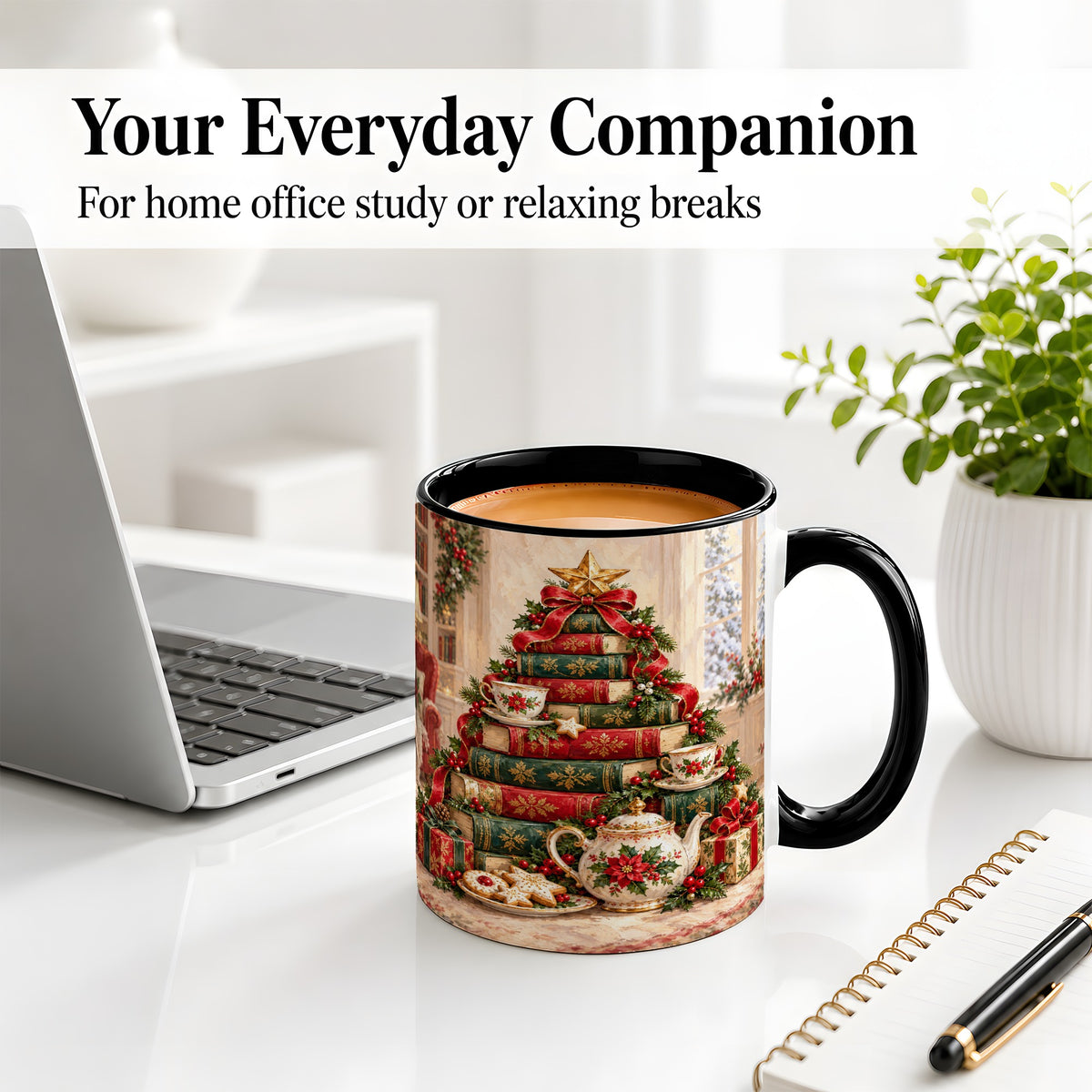 #pl[11oz|Black] Christmas Book Tree Tea Accent Ceramic Mug, Oil Painting Style