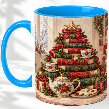 #pl[11oz|Blue] Christmas Book Tree Tea Accent Ceramic Mug, Oil Painting Style