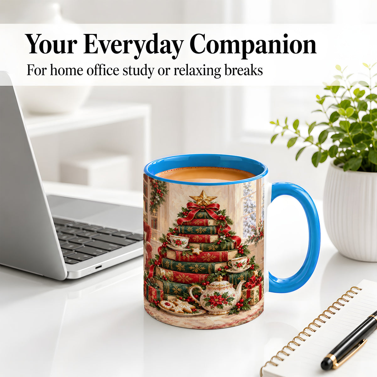 #pl[11oz|Blue] Christmas Book Tree Tea Accent Ceramic Mug, Oil Painting Style