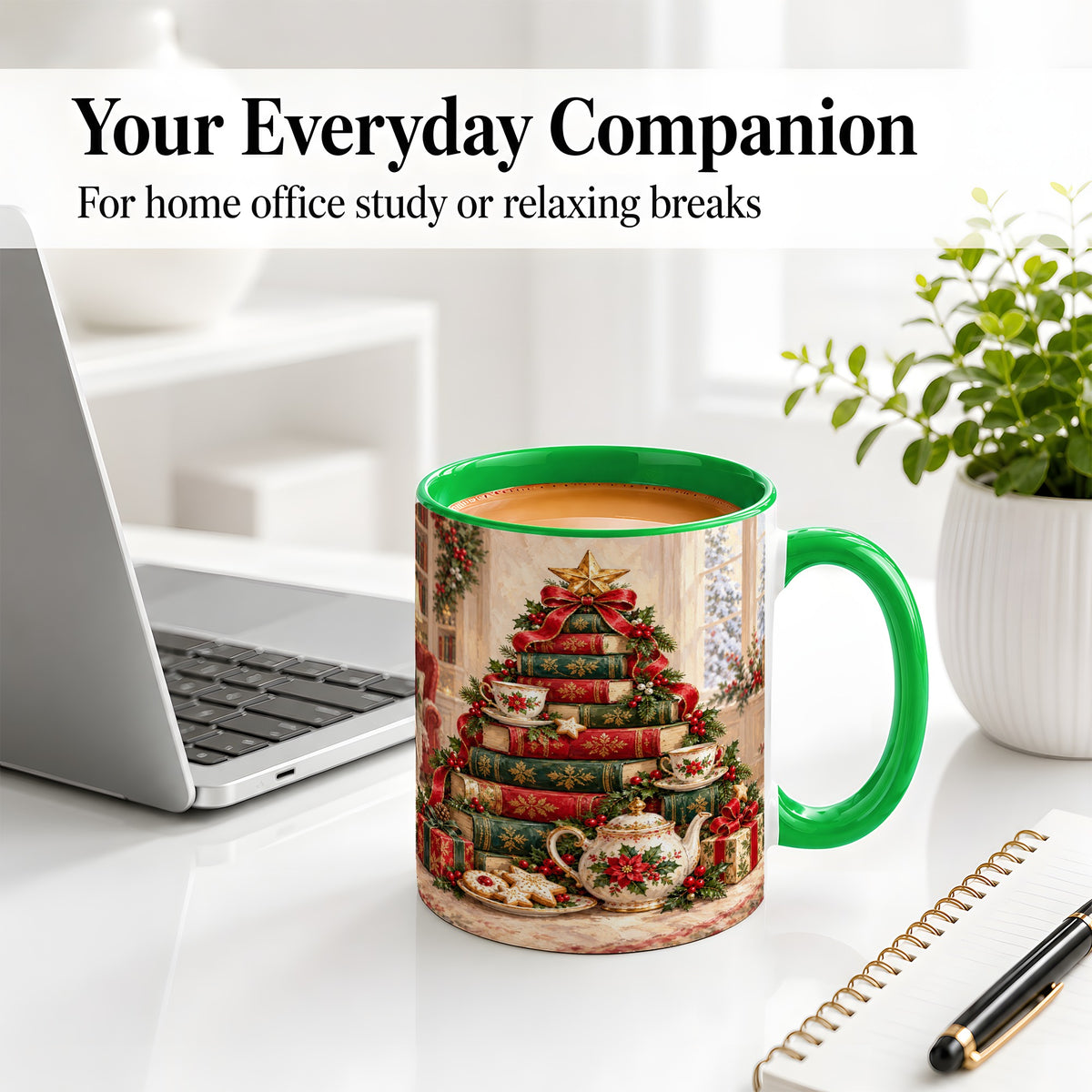 #pl[11oz|Green] Christmas Book Tree Tea Accent Ceramic Mug, Oil Painting Style