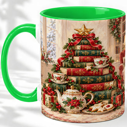 #pl[11oz|Green] Christmas Book Tree Tea Accent Ceramic Mug, Oil Painting Style