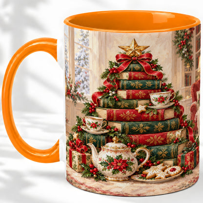 #pl[11oz|Orange] Christmas Book Tree Tea Accent Ceramic Mug, Oil Painting Style