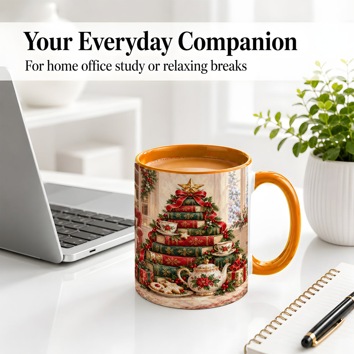 #pl[11oz|Orange] Christmas Book Tree Tea Accent Ceramic Mug, Oil Painting Style