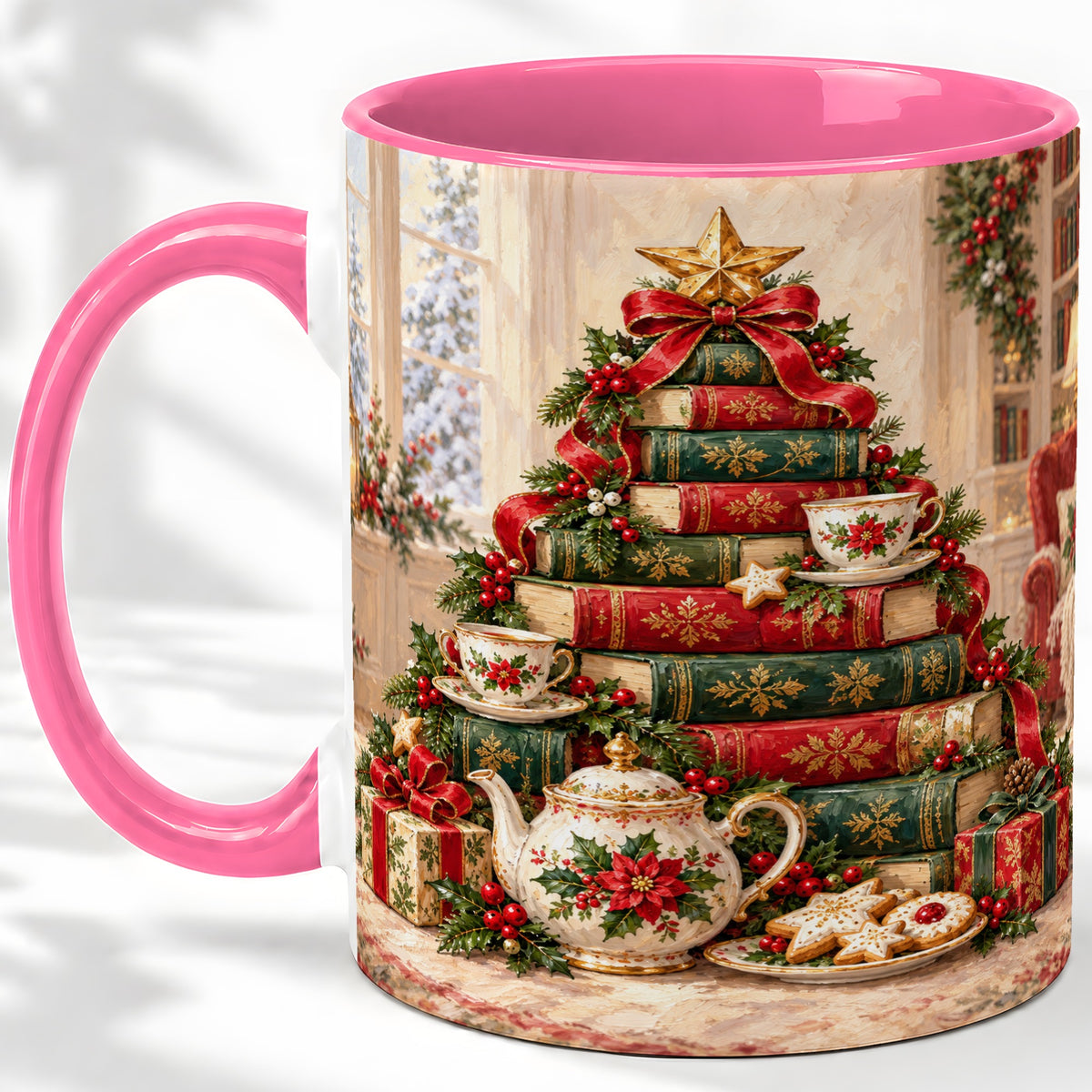 #pl[11oz|Pink] Christmas Book Tree Tea Accent Ceramic Mug, Oil Painting Style