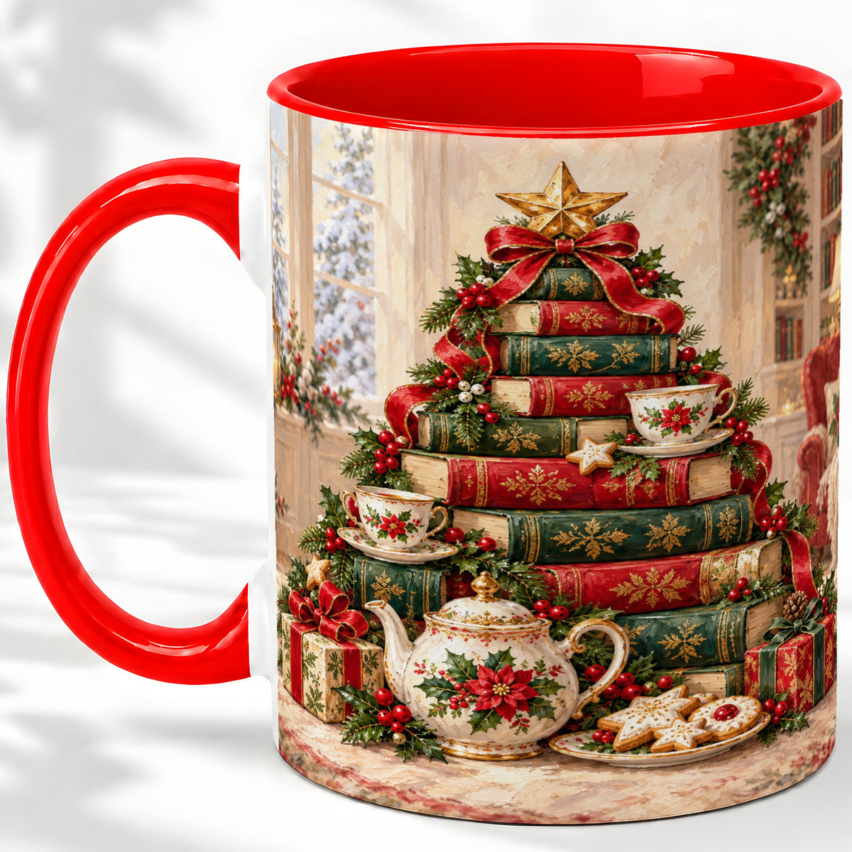 Christmas Book Tree Tea Accent Ceramic Mug, Oil Painting Style