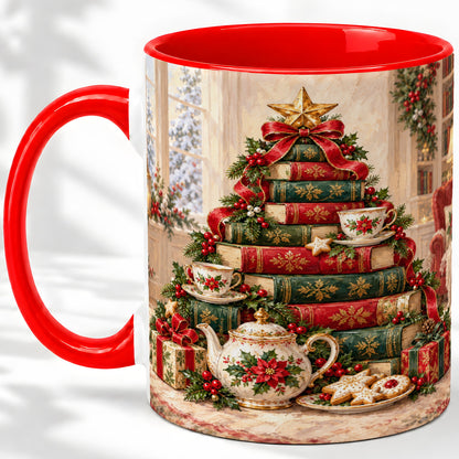Christmas Book Tree Tea Accent Ceramic Mug, Oil Painting Style