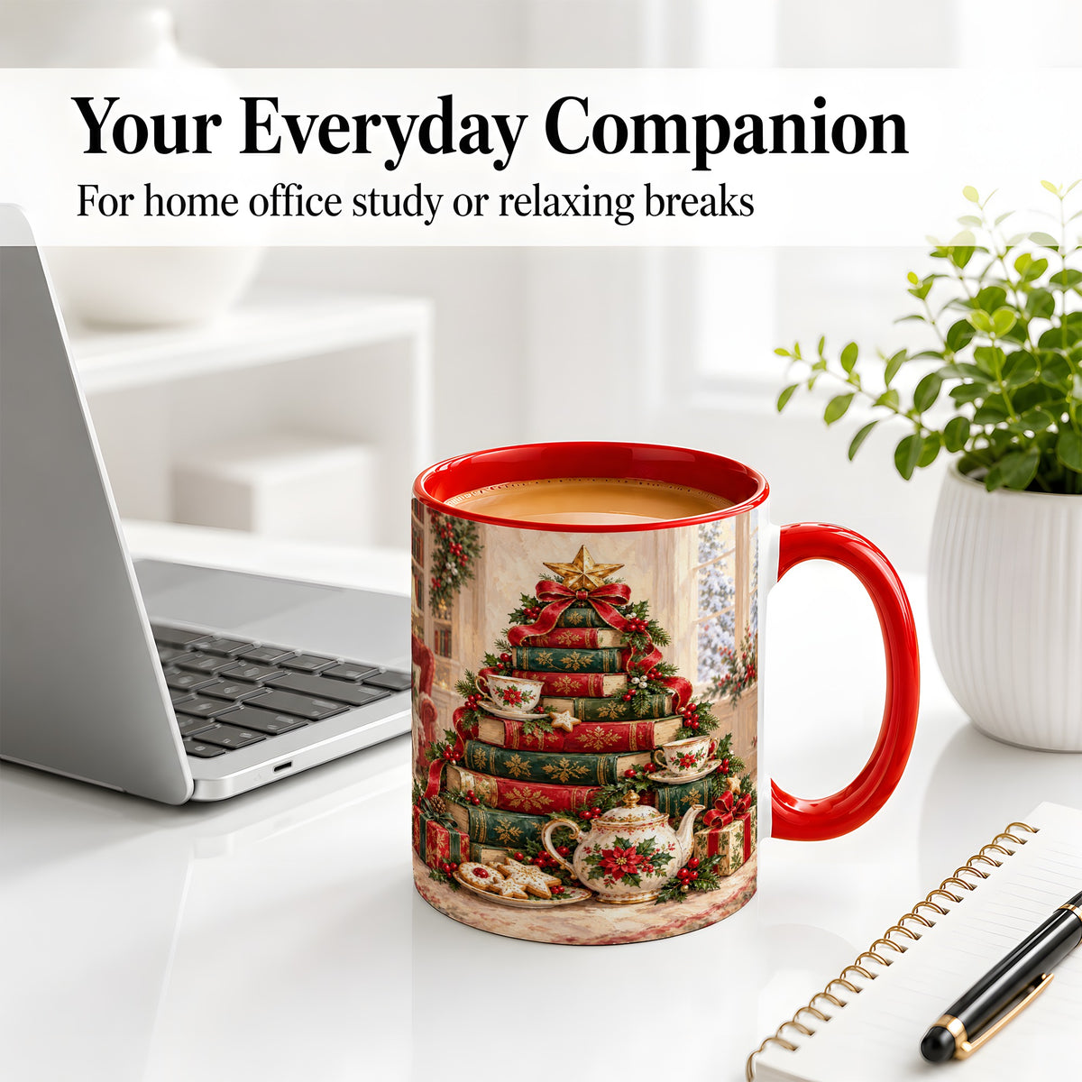 #pl[11oz|Red] Christmas Book Tree Tea Accent Ceramic Mug, Oil Painting Style