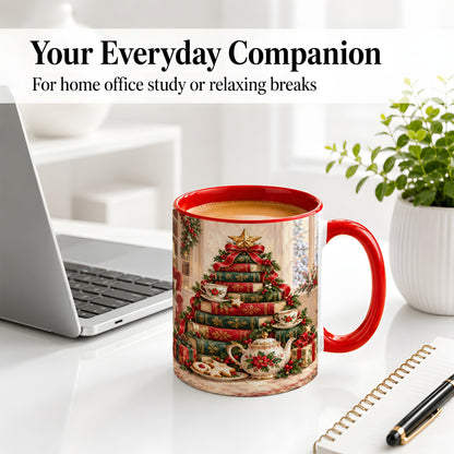 #pl[11oz|Red] Christmas Book Tree Tea Accent Ceramic Mug, Oil Painting Style