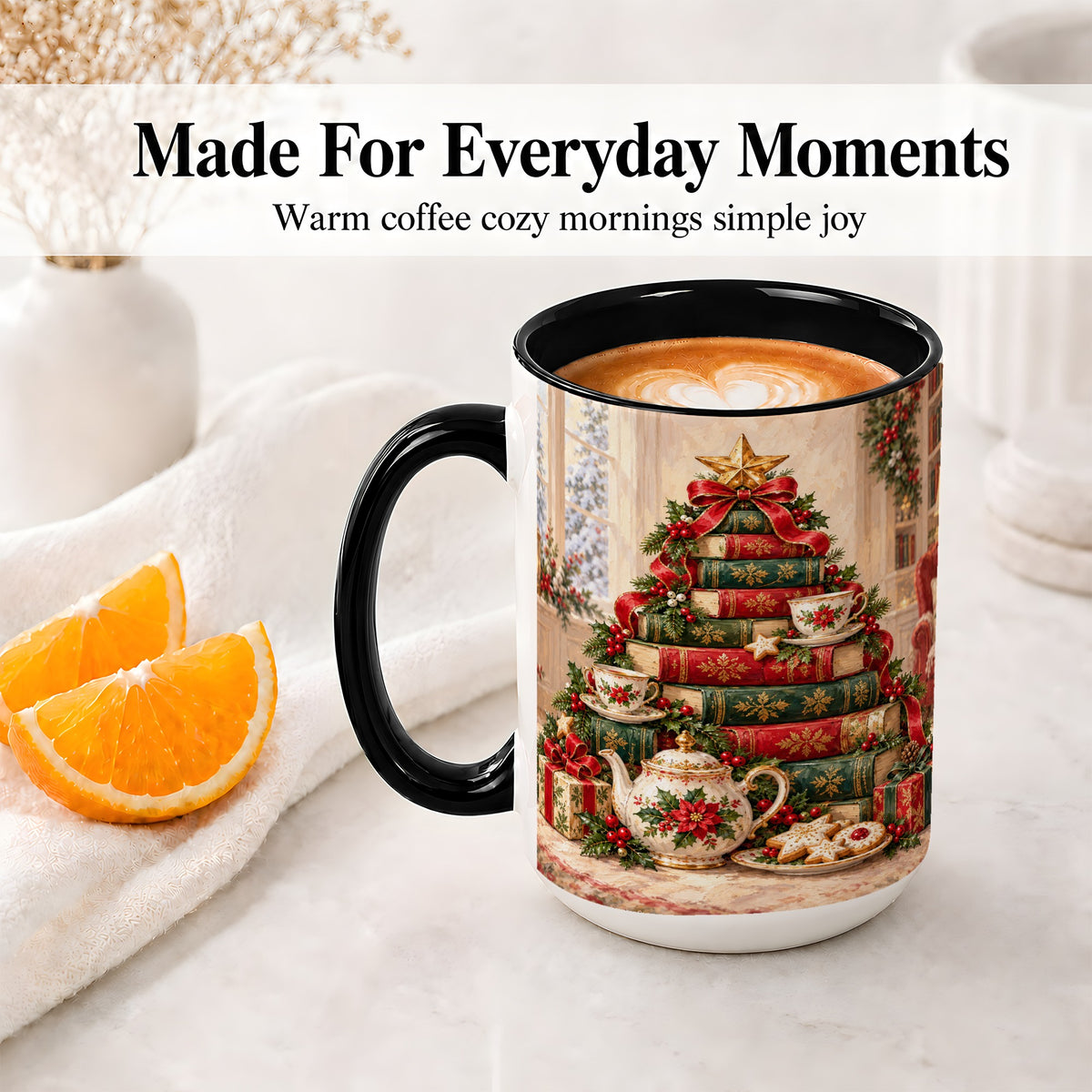 #pl[15oz|Black] Christmas Book Tree Tea Accent Ceramic Mug, Oil Painting Style