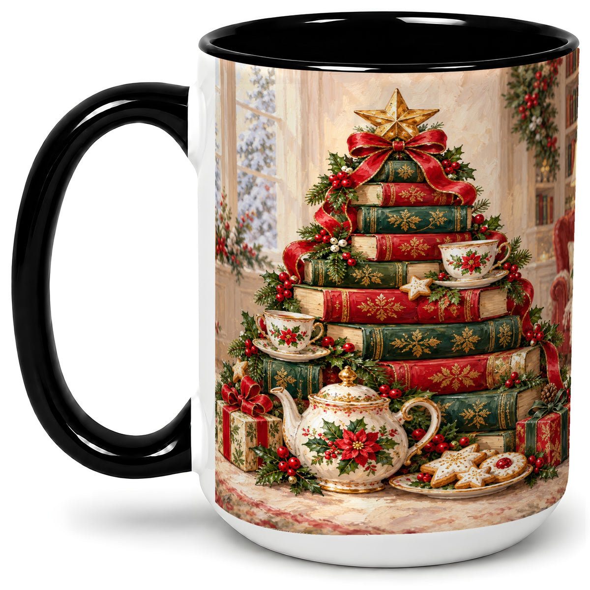 #pl[15oz|Black] Christmas Book Tree Tea Accent Ceramic Mug, Oil Painting Style