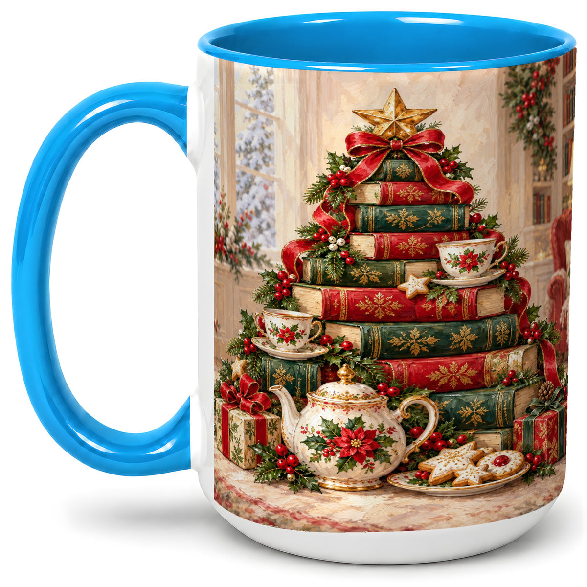 #pl[15oz|Blue] Christmas Book Tree Tea Accent Ceramic Mug, Oil Painting Style
