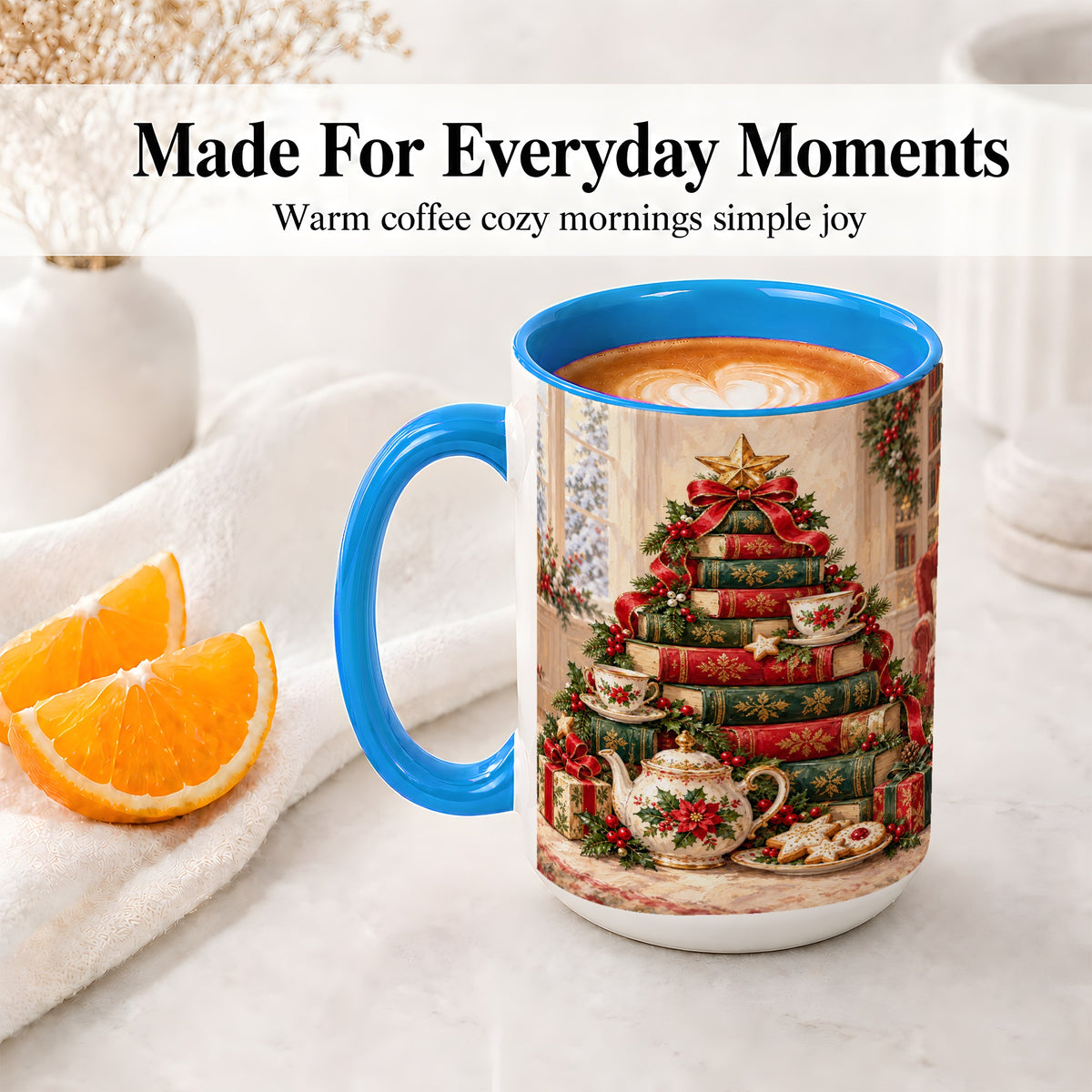 #pl[15oz|Blue] Christmas Book Tree Tea Accent Ceramic Mug, Oil Painting Style