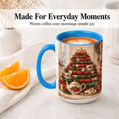 #pl[15oz|Blue] Christmas Book Tree Tea Accent Ceramic Mug, Oil Painting Style