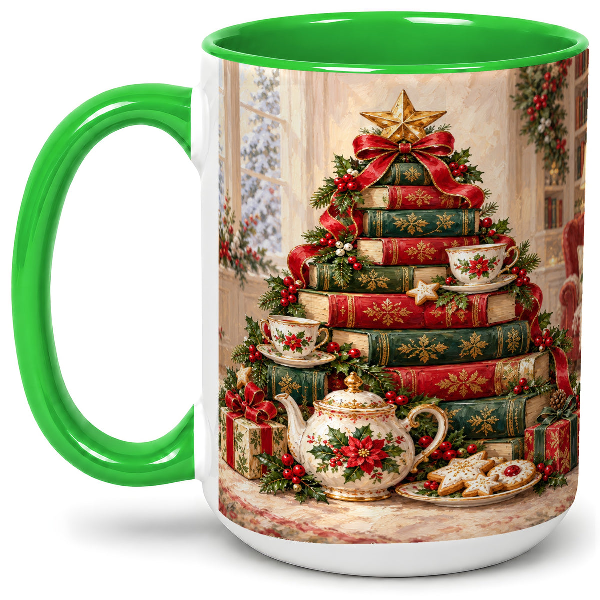 #pl[15oz|Green] Christmas Book Tree Tea Accent Ceramic Mug, Oil Painting Style