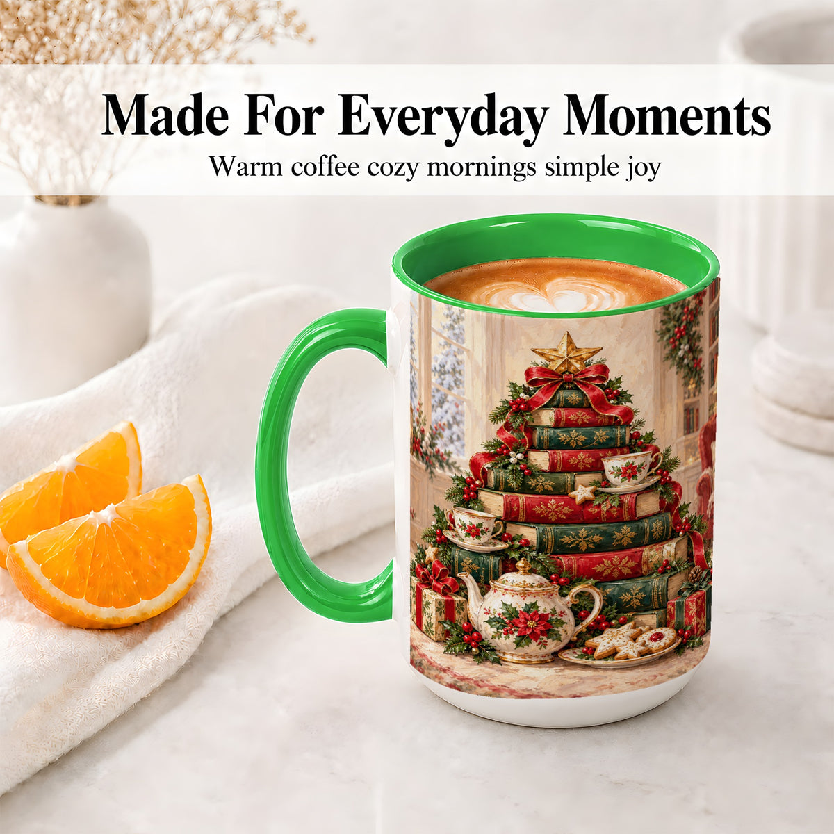 #pl[15oz|Green] Christmas Book Tree Tea Accent Ceramic Mug, Oil Painting Style