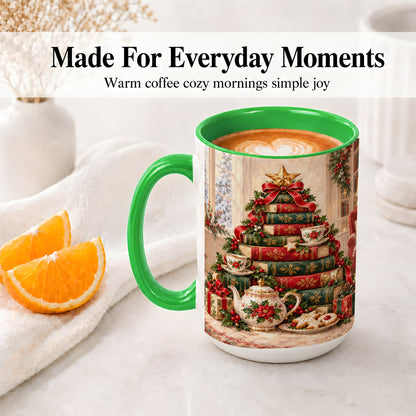 #pl[15oz|Green] Christmas Book Tree Tea Accent Ceramic Mug, Oil Painting Style
