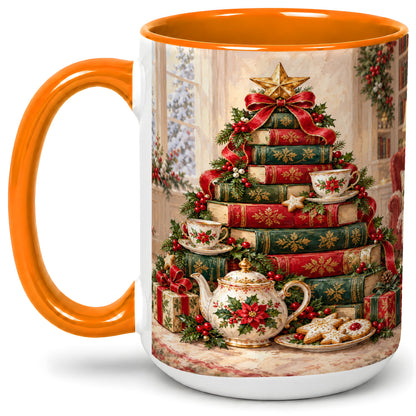 #pl[15oz|Orange] Christmas Book Tree Tea Accent Ceramic Mug, Oil Painting Style