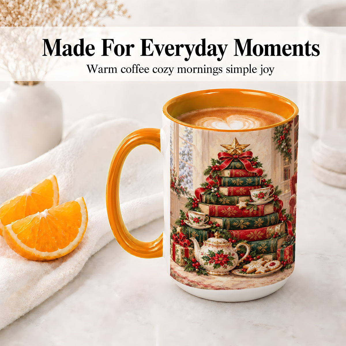 #pl[15oz|Orange] Christmas Book Tree Tea Accent Ceramic Mug, Oil Painting Style