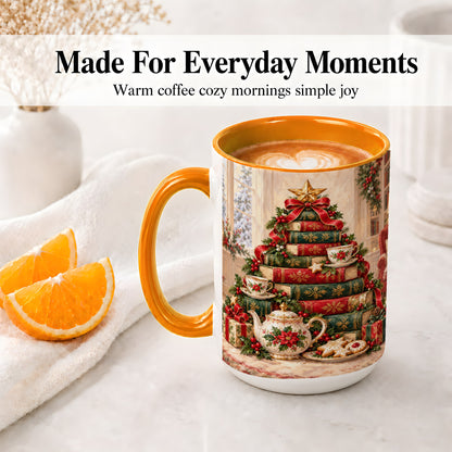 #pl[15oz|Orange] Christmas Book Tree Tea Accent Ceramic Mug, Oil Painting Style