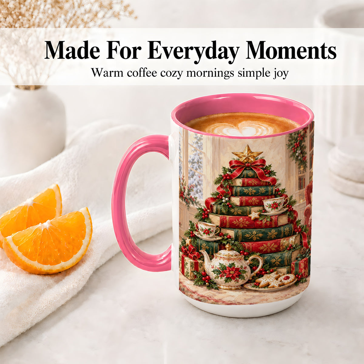 #pl[15oz|Pink] Christmas Book Tree Tea Accent Ceramic Mug, Oil Painting Style
