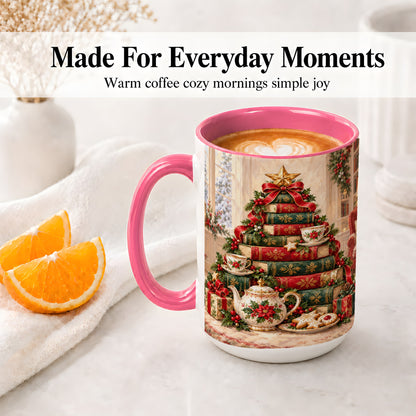 #pl[15oz|Pink] Christmas Book Tree Tea Accent Ceramic Mug, Oil Painting Style